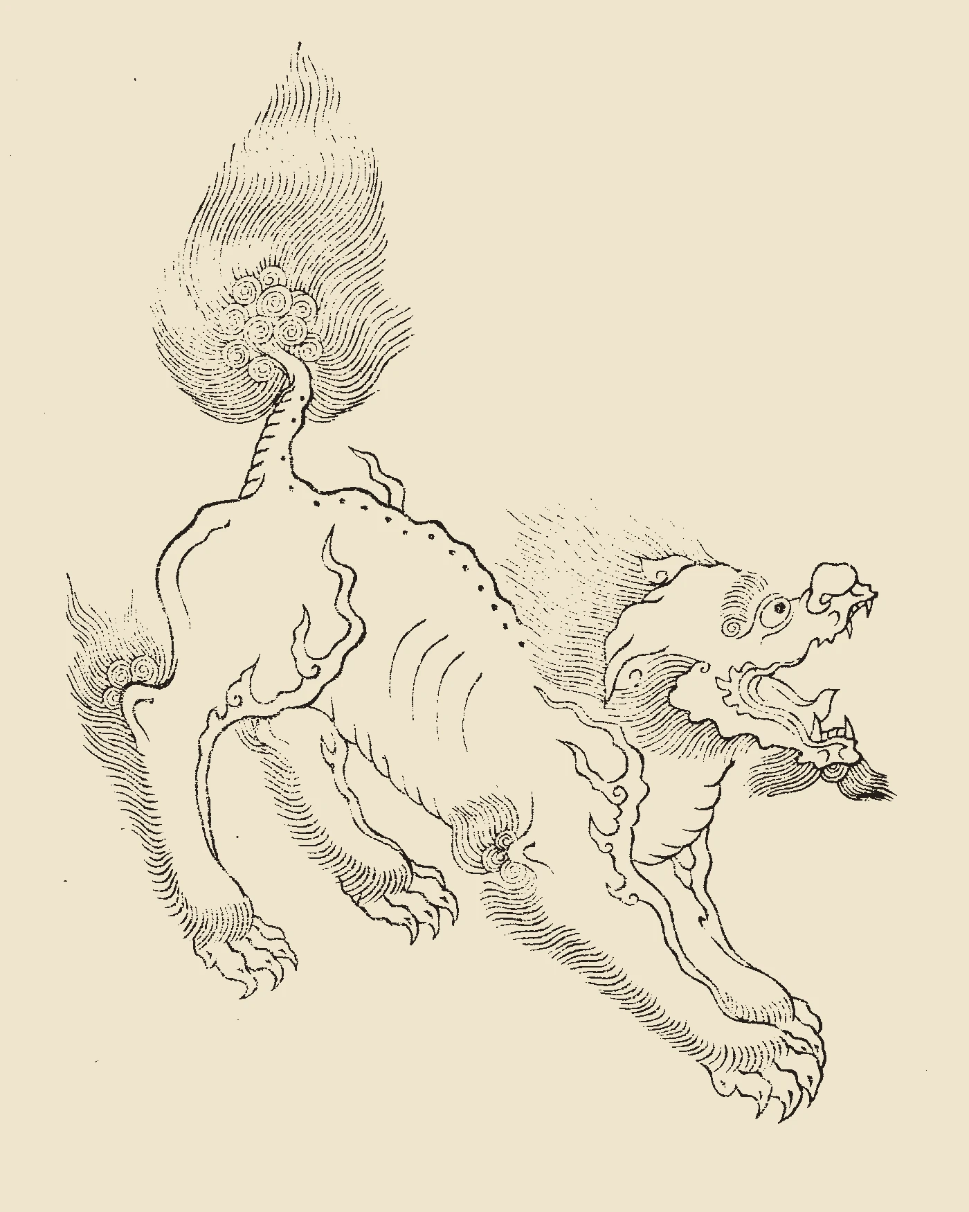 Woodblock print of Baize leaping forward with open fanged jaws, head horn, flowing chin beard, mane, spine ridges, flame scrolls on flanks, sharp claws, and a high bushy tail