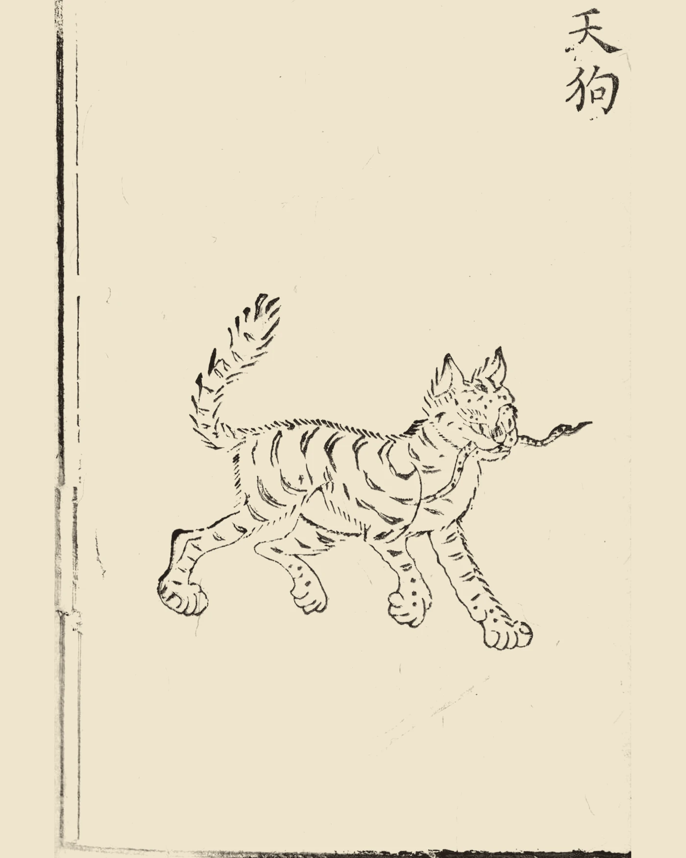 Woodblock print from Hu Wenhuan's Xin Ke Shan Hai Jing Tu showing the striped cat-like beast Tiangou with a white head, inscribed 'Tiangou'