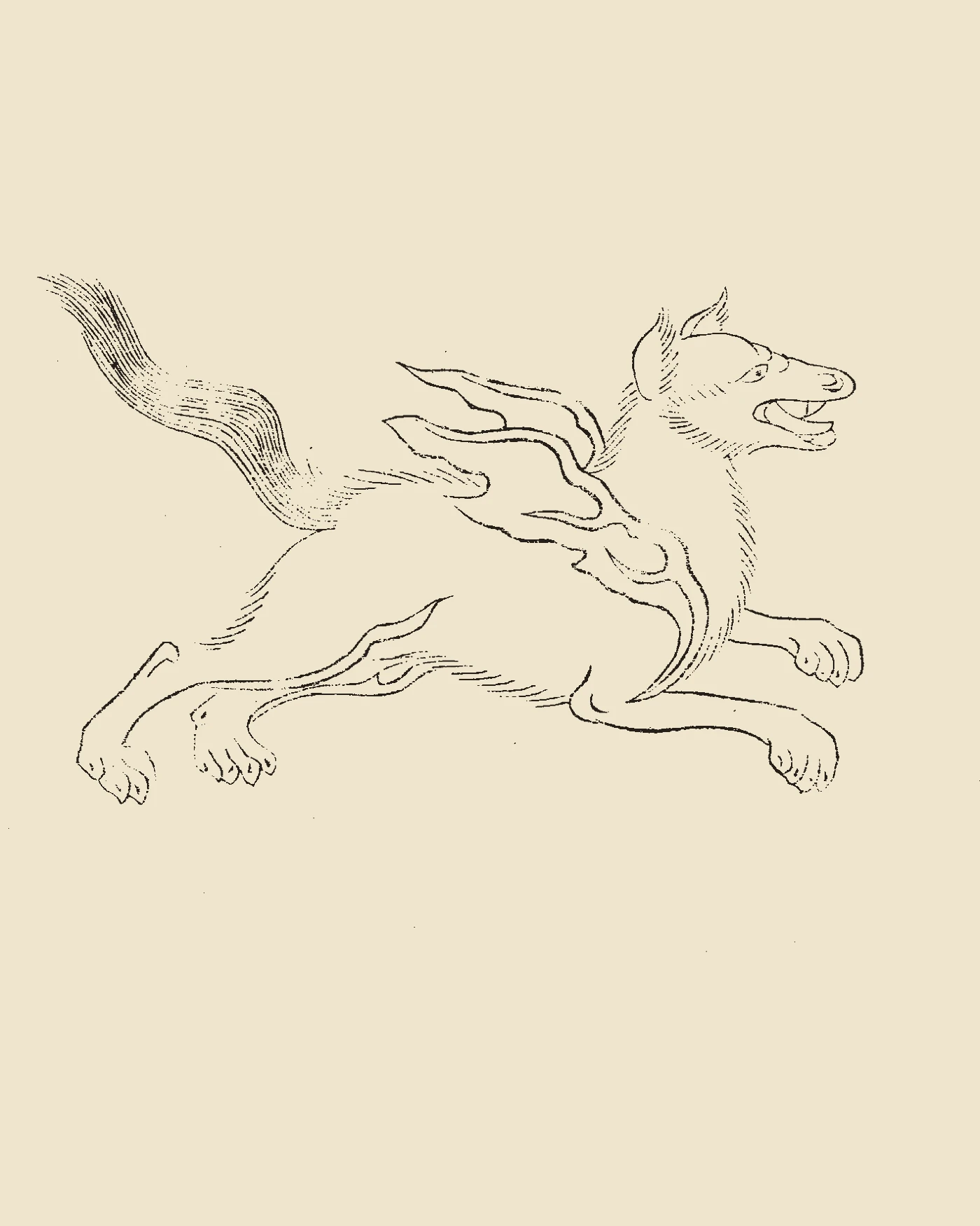 Woodblock print from Gujin Tushu Jicheng showing Tianma, a winged canine beast with white coat and black head in flight